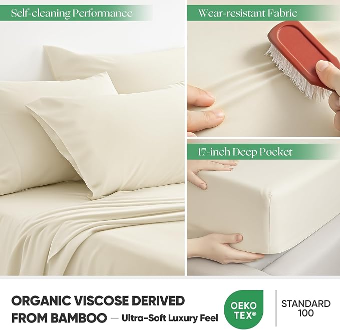 Silver Infused Bed Sheets Set, Temperature-Regulating Fabric with Self-Cleaning Technology for 3X Freshness Sleep, Genuine Organic Viscose Derived from Bamboo (TwinXL, OffWhite)