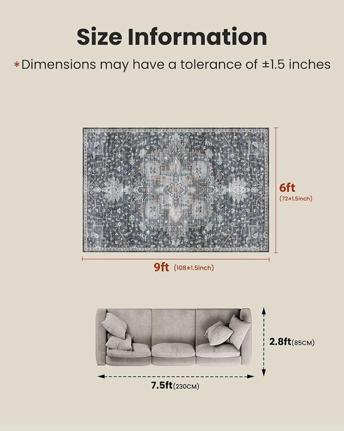 AMADA HOMEFURNISHING 6x9 Area Rugs, Blue Low-Profile Washable Rug with Non-Slip Backing & Durable Edge Binding, Vintage Rugs for Living Room, Bedroom, Dinning Room