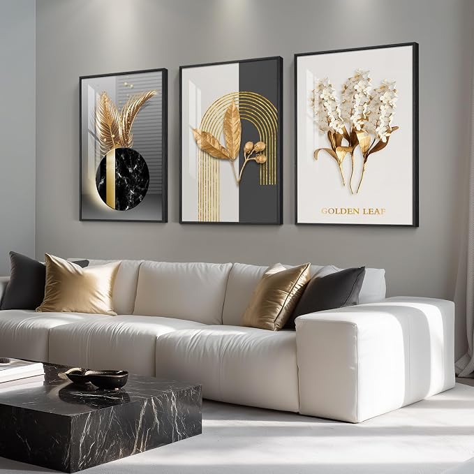 Large Framed Modern Luxury Wall Art for Living Room, 3 Piece 24x36 Inch | Black White Gold Art Prints , Crystal coating wall pictures, Contemporary pictures for bedroom dining room office hallway