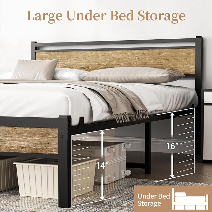Easy Install 16 Inch Queen Size Bed Frame with Headboard&Footboard | Large Under Bed Storage, No Box Spring Needed, Non-Slip Without Noise, Sturdy Steel Frame, Mattress Foundation, Walnut