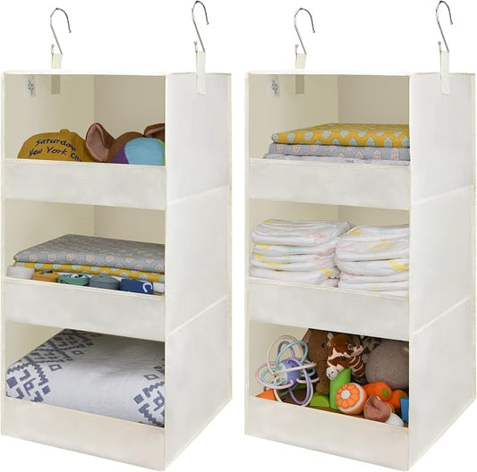 GRANNY SAYS 3-Shelf Hanging Closet Organizer, Foldable Storage, Beige | 33 lb Capacity, No-Sag Support, Keeps Clothes Neat, Folds Flat, Fits RV, Dorm & Small Closets, 2 Pack