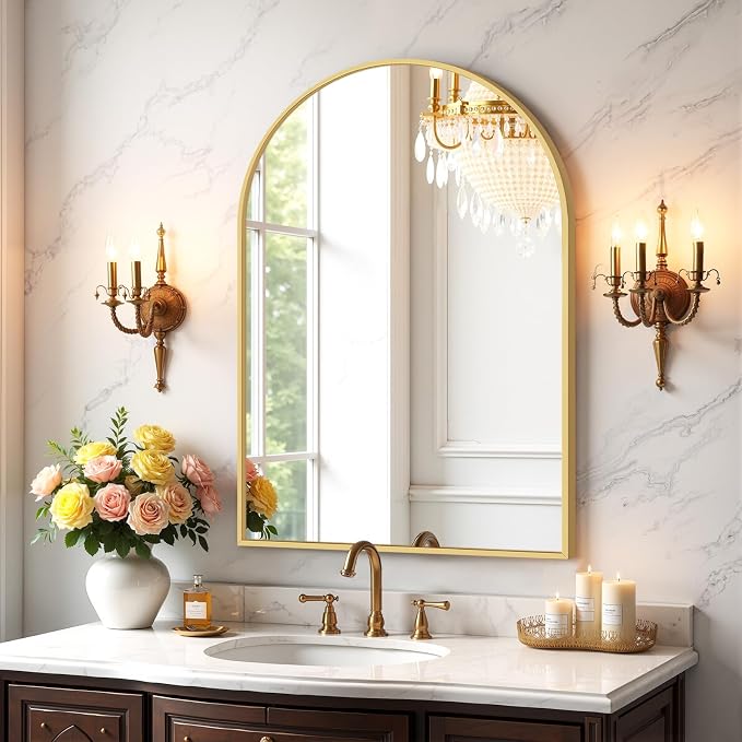 Bathroom Mirror for Wall, 30x20 Inch Arched Mirror, Matte Gold Metal Framed Bathroom Vanity Mirrors for Restroom Farmhouse, Anti-Rust, Tempered Glass, Hanging or Leaning