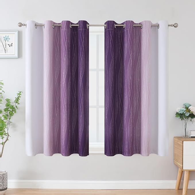 Purple and Greyish White Ombre Blackout Curtains for Bedroom 45 Inches Long | Estelar Textiler Room Darkening,Light Blocking,Thermal Insulated Gradient Grommet Window Drapes for Bathroom,52Wx45L,2 Panels
