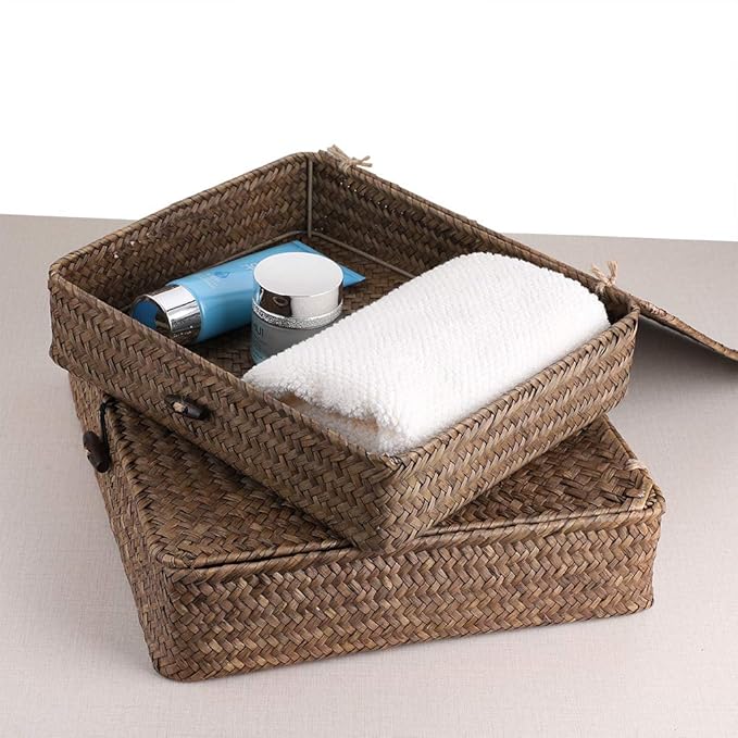 Hipiwe Set of 2 Flat Woven Wicker Storage Bins with Lid Seagrass Basket | Natural Decorative Baskets Multipurpose Home Boxes for Shelf Organizer Home Decor (Coffee)