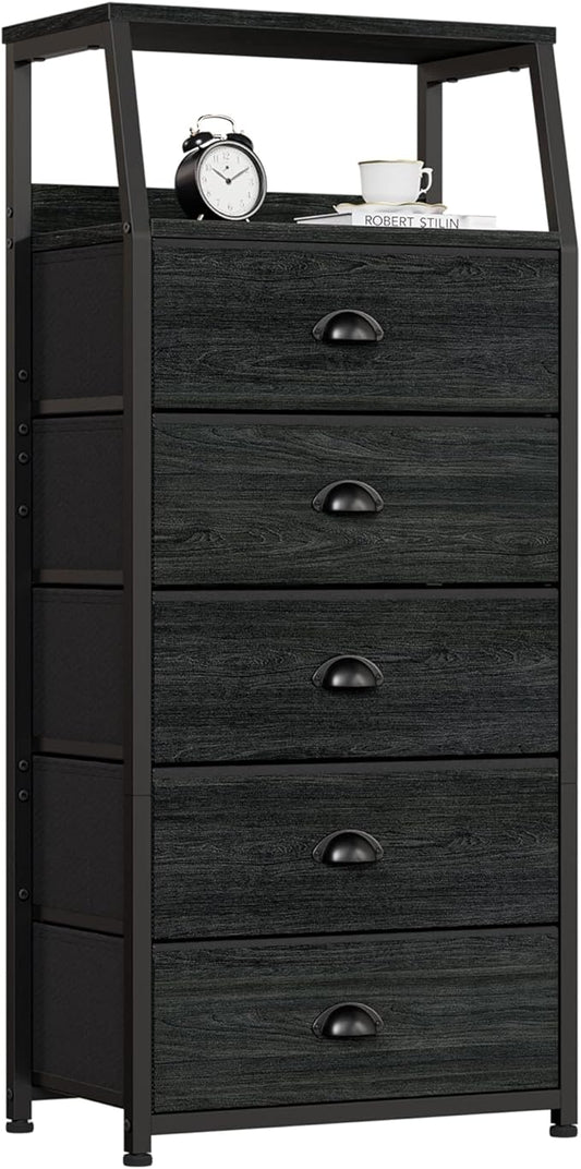 Furnulem Black Dresser for Bedroom, Fabric Dorm Tall Nightstand | 5 Drawers Chests of drawers, Closet Organizer, Bedside Table Furniture for Living Room, Sturdy Steel Frame, Wood Top