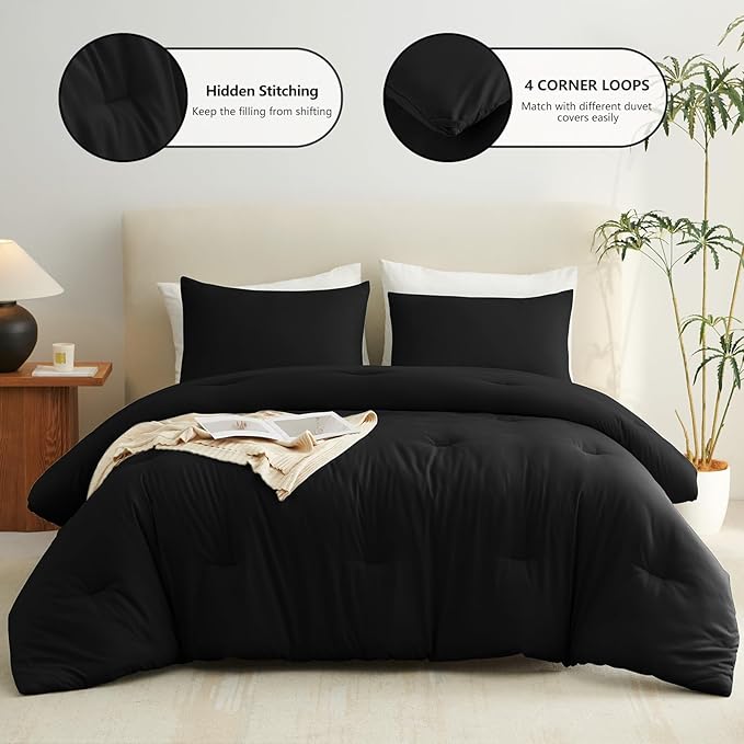 Oversized Queen Comforter Set, 3 Pieces Black Quilted Bedding | 270 GSM Down Alternative Fill, 4 Corner Ties for Duvet Insert Use, All Season, OEKO-TEX Certified, 2 Pillowcases, 98 x 98 in