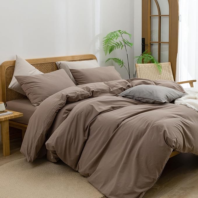 BESTOUCH Cotton Solid Duvet Cover Set Pine Bark Brown Oversized King | 100% Washed Cotton, Soft Wrinkle Texture, Hidden Zipper, 8 Ties, Breathable Lightweight Durable Comfy, 3 Pcs No Insert