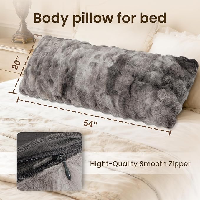 ZonLi Fluffy Body Pillow for Adults, Fuzzy Faux Fur Long Pillow with Shredded Memory Foam, Adjustable Support for Side Sleepers, Gifts, 20 x 54 Inch, Dark Grey