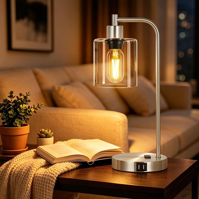 Industrial Touch Control Table Lamps Set of 2 - Brushed Nickel Nightstand Bedside Lamps with 2 USB Ports & AC Outlet, 3-Way Dimmable Desk Lamp for Bedroom Living Room, Glass Shade & LED Bulbs Included