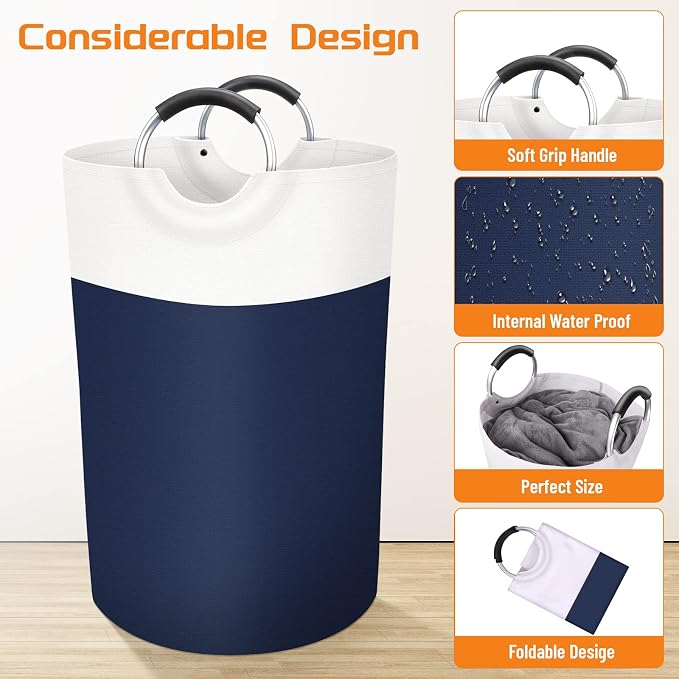 BlissTotes 75L Laundry Basket, Freestanding Collapsible Hamper, Blue | Collapsible Dirty Clothes Hamper, Foldable Laundry Bag for Dorm, Waterproof Fabric, Padded Aluminum Handles