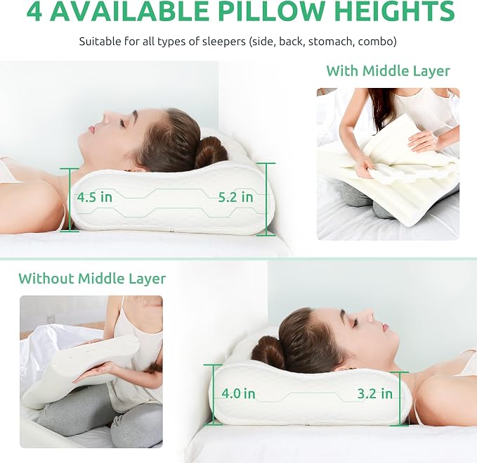 Cervical Pillow for Neck Pain Relief, Memory Foam Neck Pillow for Sleeping, Adjustable Orthopedic Sandwich Pillow, Contour Cooling for Side Back Stomach Sleeper, King(27.6"×15.7"×5.2"/4.5")