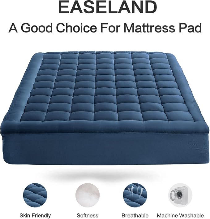 EASELAND Twin Size Mattress Pad Cotton Pillow Top Single Mattress Topper | 8-21" Deep Pocket Cooling Mattress Cover/Protector 39x75 Inches Dark Blue,Boxing Quilted & Machine Washable