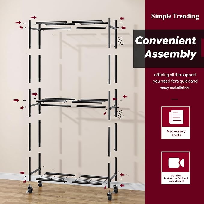 Simple Trending Clothes Rack, Clothing Rack, Portable Closet, Black | Wardrobe Closet with Mesh Shelves & Hooks, Metal Garment Rack, 360° Lockable Wheels, Multi-Functional, for Bedroom, Laundry