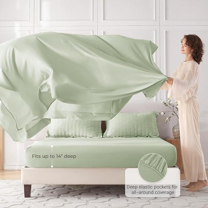 7 Pieces King Comforter Set, Seersucker Bed in a Bag King Size, All Season Luxury Bedding Set with Comforter, Flat Sheet, Fitted Sheet, Pillowcases & Shams, Light Green