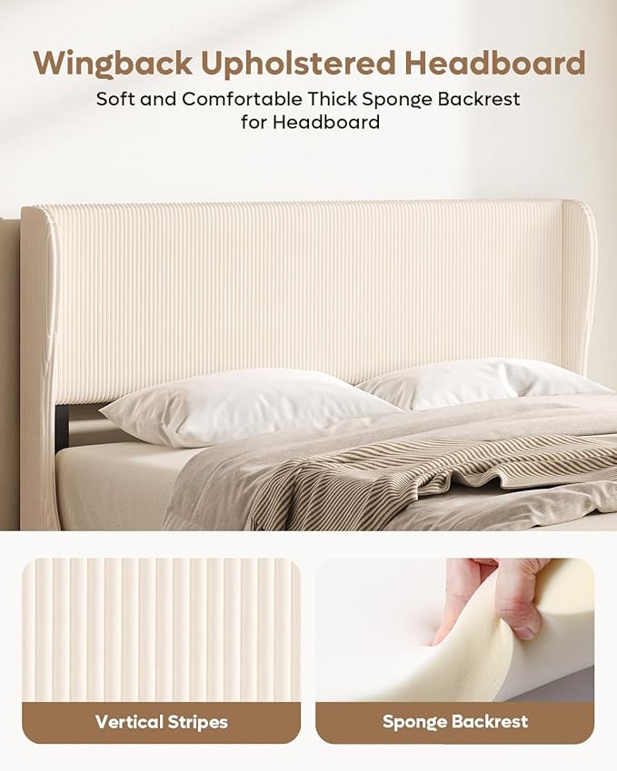Bestier Queen Bed Frame with Wingback Headboard,Upholstered,Beige | Easy Assembly,Wingback Headboard,No Squeaks,Vertical Channel Corduroy Upholstered,Wooden Slats Support,No Box Spring Needed
