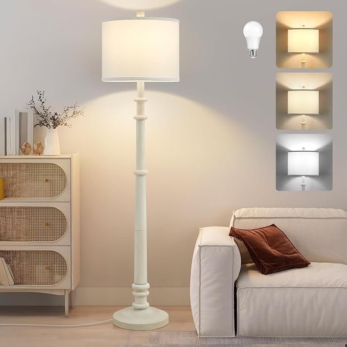 Floor Lamps for Living Room - 60" Farmhouse Floor Lamp with Adjustable Color Temperatures - Vintage Standing Lamp Reading Light with Linen Shade Retro Tall Lamp for Bedroom Office, Almond White