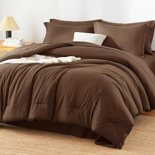 HIMEET Queen Comforter Set, 7-Piece Point-Quilted Bed in a Bag Brown | OEKO-TEX Certified, Lightweight 240 GSM Comforter, Flat Sheet, 14-Inch Deep-Pocket Fitted Sheet, Pillowcases & Shams