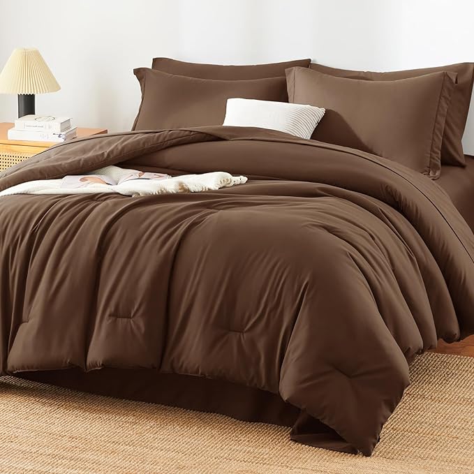HIMEET Full Comforter Set, 7-Piece Point-Quilted Bed in a Bag, Brown | OEKO-TEX Certified, Lightweight 240 GSM Comforter, Flat Sheet, 14-Inch Deep-Pocket Fitted Sheet, Pillowcases & Shams