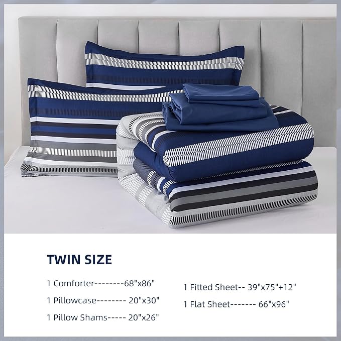 Dobuyly Navy Blue Comforter Set Twin Size Bed in a Bag 5 Piece, Classic Striped Bed Bedding Set with Sheets Soft Microfiber All Season for Teen Boys