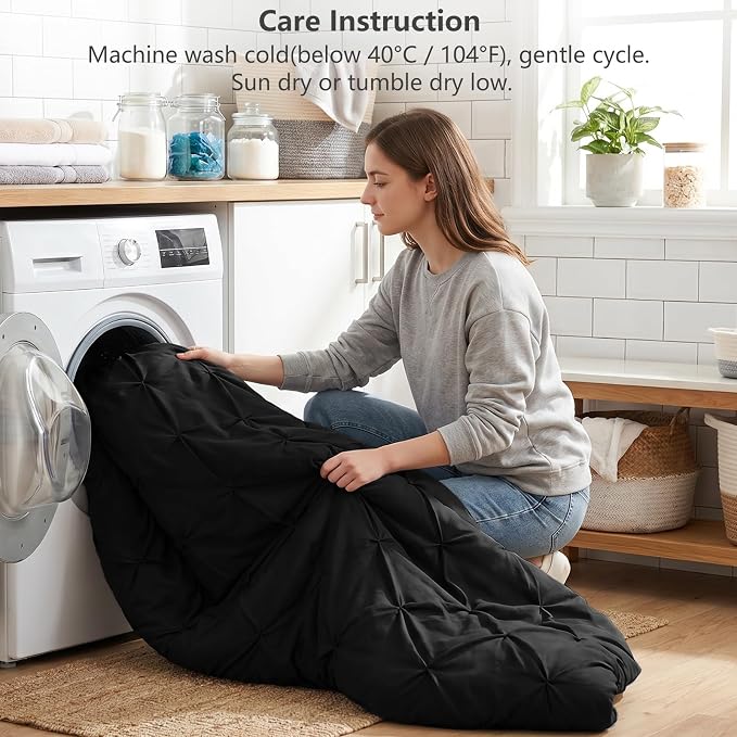 Twin XL Comforter Set Black, 5 Pieces Pintuck Bed in a Bag | College Dorm Essentials, OEKO-TEX 100 Certified, 240GSM All Season, Down-Alternative Comforter, Sheets, Pillowcase & Sham
