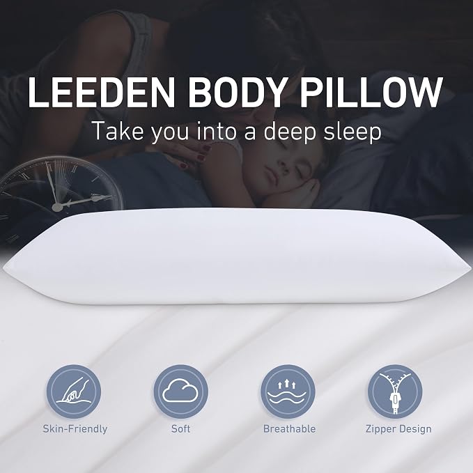 Leeden Full Body Pillow 20 x 54 for Side Sleepers White Support | Soft polyester padding delivers full-body support for side sleepers, maternity rest, reading and daily relaxation.