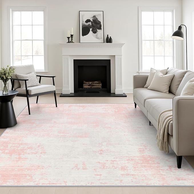 Area Rug Living Room: 8x8 Modern Washable Soft Carpet Pink White | For Bedroom Dining Room Farmhouse Nursery Hallway Office,Modern Abstract,Machine washable,Non-Slip,Stain Resistant,Indoor