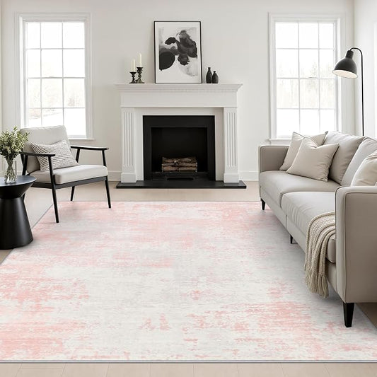 Area Rug Living Room: 8x8 Modern Washable Soft Carpet Pink White | For Bedroom Dining Room Farmhouse Nursery Hallway Office,Modern Abstract,Machine washable,Non-Slip,Stain Resistant,Indoor