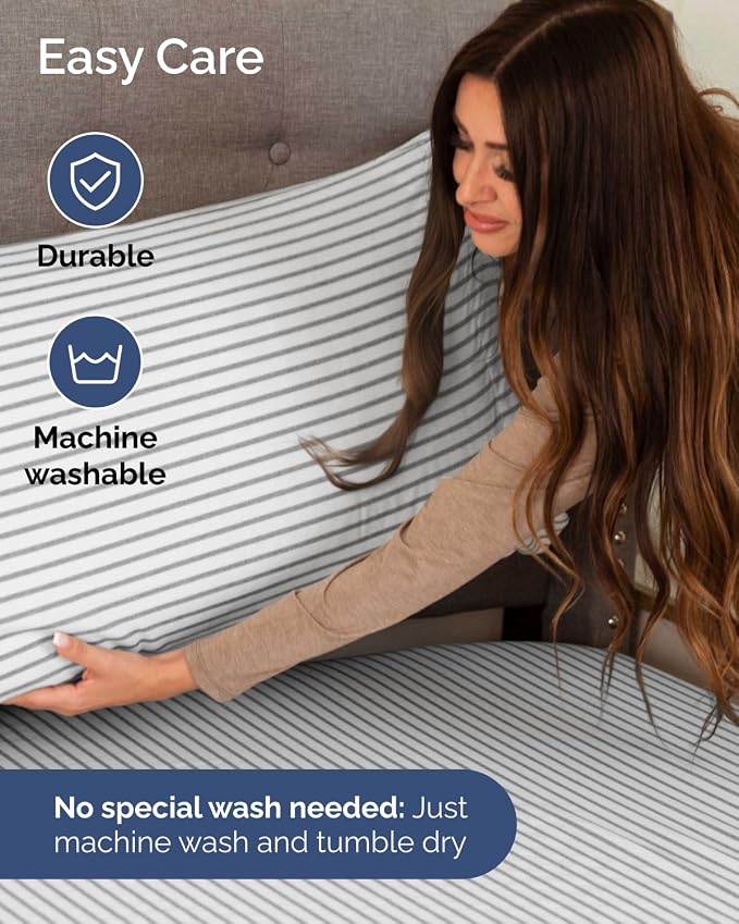 Flex Top Split Head King Sheet Set - 4 Piece Extra Deep - Grey Stripes 2 | Easily Fits 18 to 24 inch Mattress, Ultra Soft, Wrinkle & Fade Free with Extra Deep Pockets, Comfy Hotel Luxury Bedding