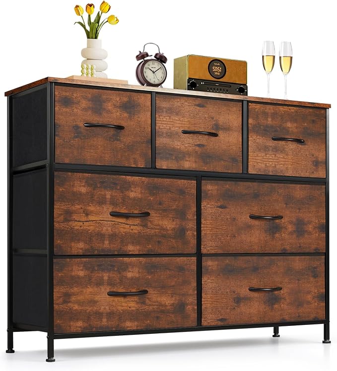 7-Drawer Dresser for Bedroom, Anti-Tip Wide Storage Organizer Fabric | Chest of Drawers TV Stand for 45" TV with Wooden Top and Metal Frame for Closet, Living Room, Hallway, Entryway, Brown