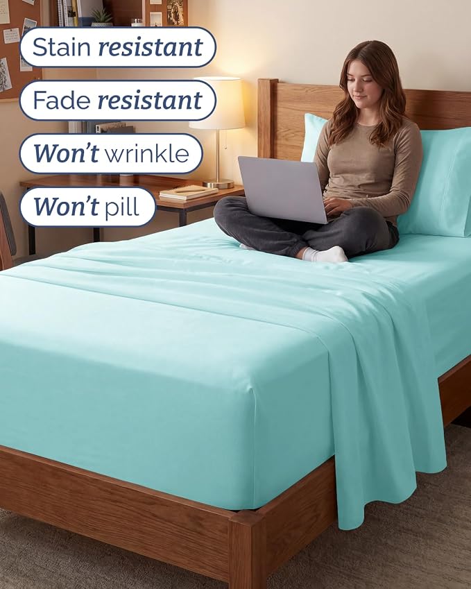 Extra Deep Twin XL Sheet Set - 3 Piece College Dorm Room - Spa Blue | Soft, Breathable & Cooling, Easily Fits 18 to 24 inch Mattress, Wrinkle Free & Fade Resistant with Extra Deep Pockets