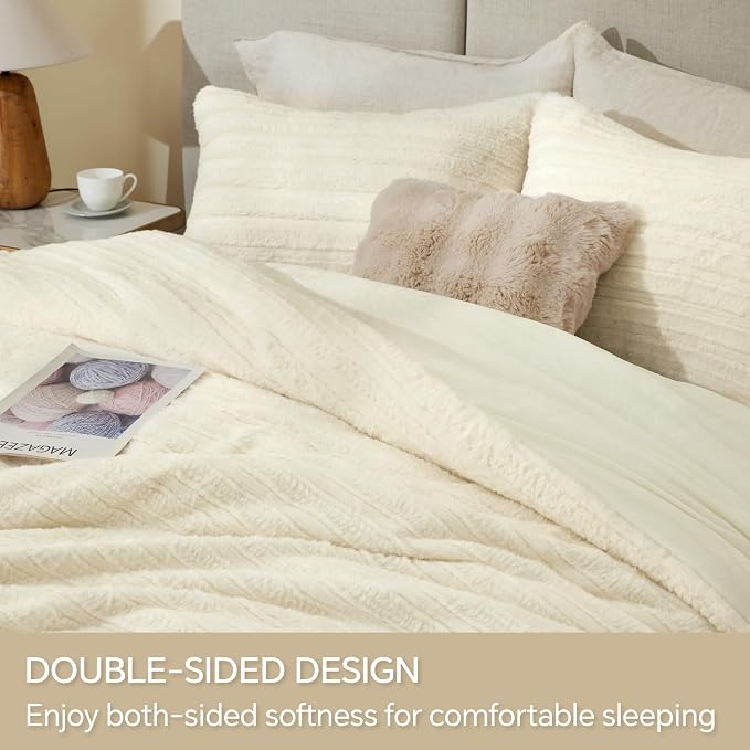 BEDELITE Faux Fur Queen Comforter Set, Fluffy Bed Set, Cream White | Super Soft & Warm, Luxury Fuzzy Cozy Comforter for Winter, Heavy Plush Bed set, with 2 Pillowcases