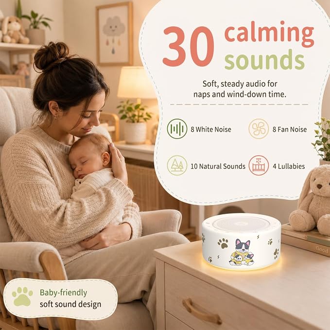 Kipcush White Noise Machine for Baby & Adults, Sleep Sound Machine with 30 Soothing Sounds, 8-Color Night Light, Memory Function, White Noise for Sleeping, Nursery, Office, Travel, Relaxation