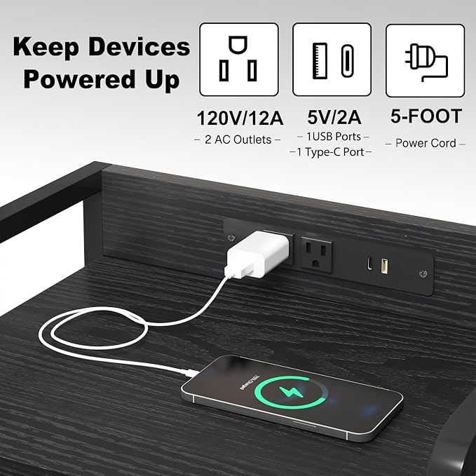 Fixwal Black Led Nightstand, Rear Charging Station, 2 Fabric Drawers | industrial style, built-in bedside charger, 2 AC outlets 1 usb port 1 c port, small bedroom furniture, end table, night stand