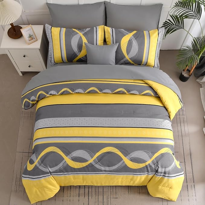 Anibedding Yellow Comforter Set Full Size,8 Pieces Bed in a Bag Patchwork Striped Bedding Sets,Boho Soft Microfiber Bedding Set for All Season(78"×90")