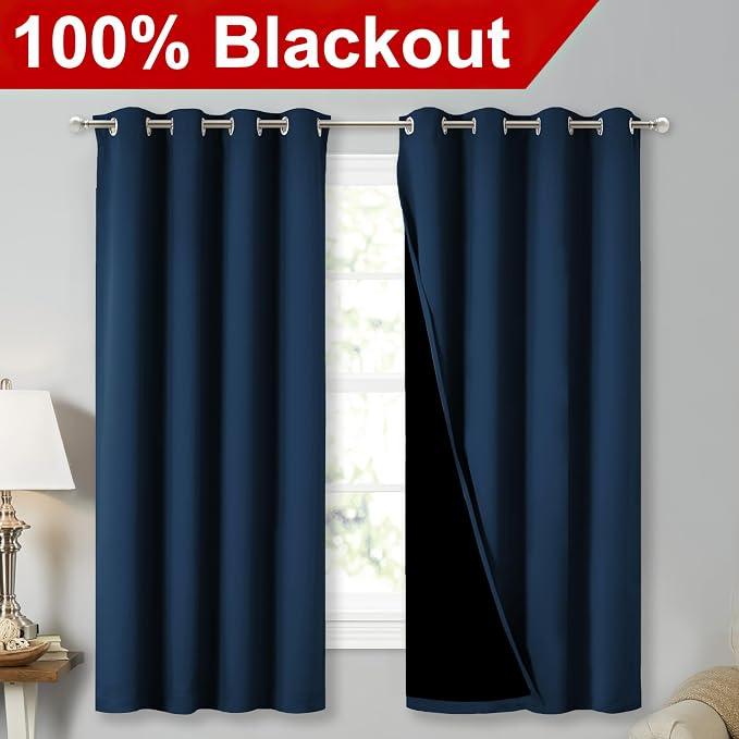 NICETOWN Moroccan Blue Blackout Curtains for Bedroom 52" w x 63" L 2 Panels | 100% Room Darkening with Black Liners Thermal Insulated 2-Layer Lined Drapes, Energy Efficiency Window Draperies Home Decor