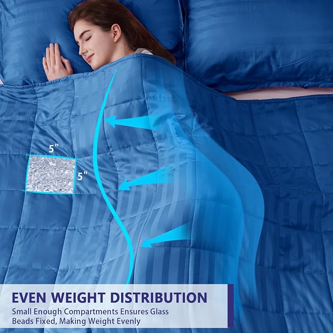 Weighted Blanket for Adults (15 lbs, 48" x 72", Midnight blue Stripes) Heavy Blanket for Sleeping Perfect for 160-180 lbs, Twin Size Breathable Blanket with Premium Glass Bead, Machine Washable