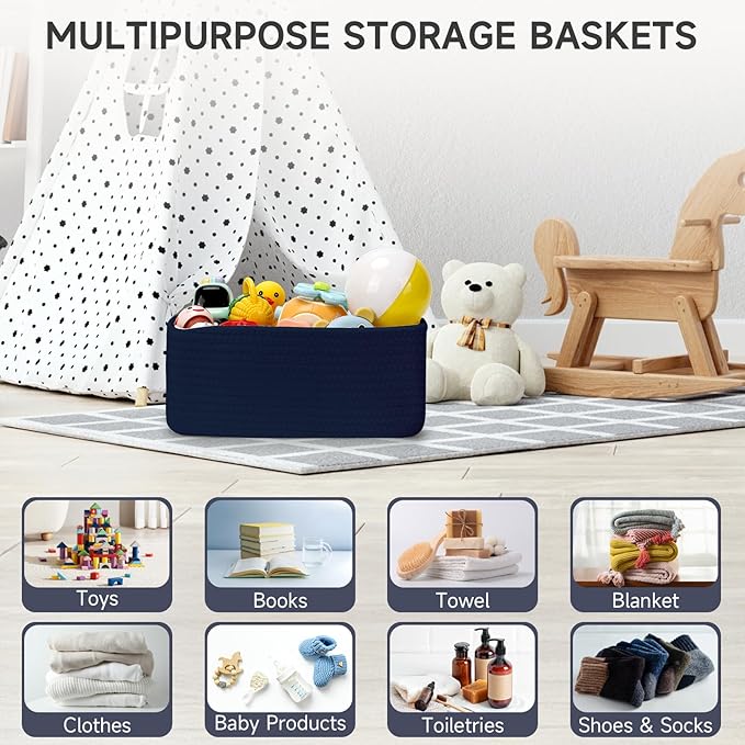 3 Pack Small Storage Baskets for Organizing, 11.8×7.8×5.1", Navy Blue | Woven Baskets for shelves, Cotton Rope Basket for Gifts Empty, Closet Organizer Bins with Handles, Cube Decorative Box