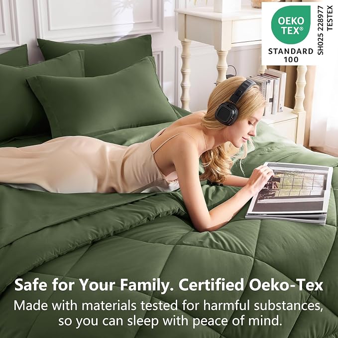 Full Size Comforter Sets Olive Green - 7 Pieces Bed in a Bag | OEKO-TEX Certified, All Season, 240GSM Down-Alternative Comforter, Sheets, Pillowcases & Shams, 14" Deep Pocket, Easy Care