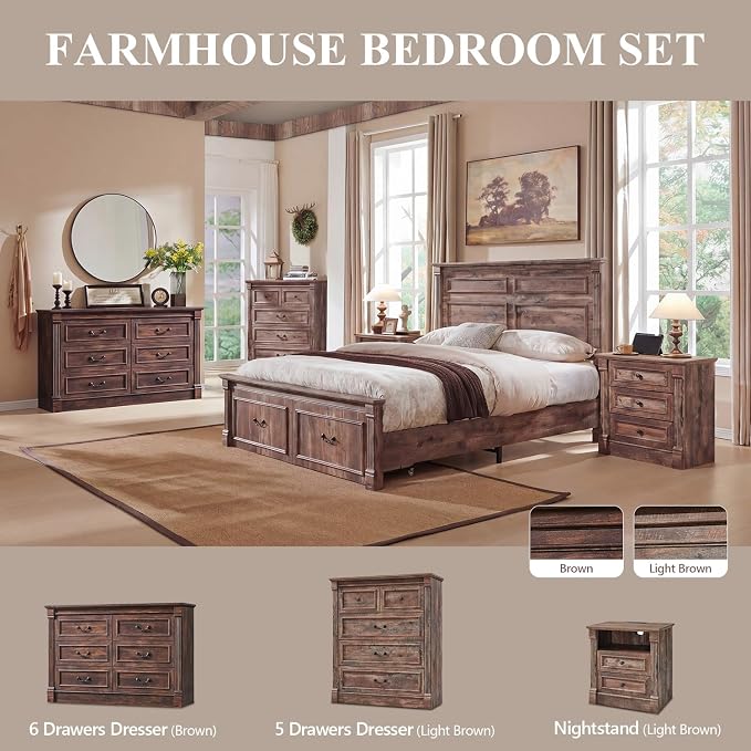 Aitjunz Farmhouse 47'' Wide 6 Drawer Dressers for Bedroom, Brown | Chests of Drawers w/Roman Columns, Horizontal Wooden TV Stand Dresser w/Metal Handle for Bedroom, Hallway, Living room
