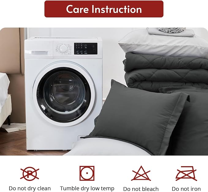 7 Pieces Oversized Queen Comforter Set, Reversible Bed in a Bag Oversized Queen Size, All Season Bedding Set, Flat Sheet, Fitted Sheet, Pillowcases & Shams, Dark Grey & Light Grey