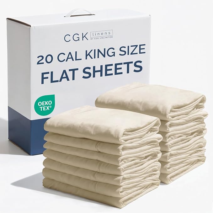 Bulk Case Pack of 20 Flat Sheets - Cal King Size Top Flat Sheets - Cream | Wholesale Bulk Flat Sheets for Hotels, Spas & Airbnbs, Soft, Cooling & Breathable, Wrinkle Free, Fade & Shrink Resistant