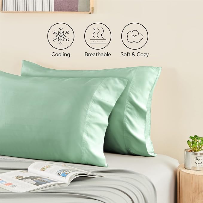 BEDELITE Cooling Pillow Cases Queen, Rayon Made from Bamboo, Mint Green | Cooling and Breathable Pillow Cover for Hot Sleepers & Night Sweats, Silky Soft Cozy, Envelope Closure, 20"x30", Set of 2