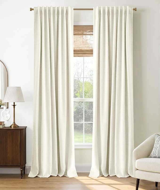 INOVADAY 100% Blackout Linen Curtains for Bedroom 50x90 Inches Beige White | Linen Textured, Light Blocking, Room Darkening, Thermal Insulated, Back Tab Top, Window Curtains for Living Room, 2 Panels