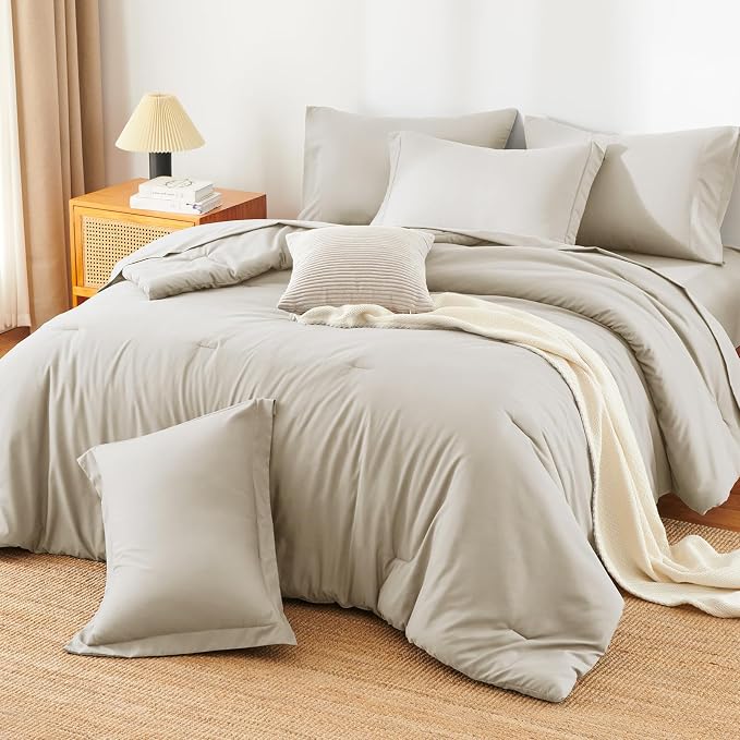 HIMEET King Comforter Set, 7-Piece Point-Quilted Bed in a Bag, Beige | OEKO-TEX Certified, Lightweight 240 GSM Comforter, Flat Sheet, 14-Inch Deep-Pocket Fitted Sheet, Pillowcases & Shams