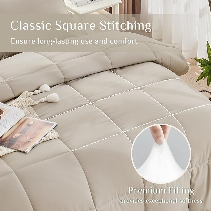 JOLLYVOGUE Twin Comforter Set, Ultra-Soft Bed in a Bag Twin Size 5 Pieces, Oeko-TEX Certified Bedding Set with Down Alternative Comforter, Sheets, Pillowcases & Shams, Oatmeal