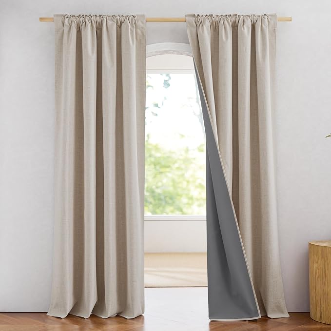 NICETOWN 80 inch Curtains 100% Blackout for Bedroom 2 Panels, Natural | Full Light Blocking, Linen Textured, Thermal Insulated, Rod Pocket Back Tab Draperies for Light Sleepers, W52" by L80"
