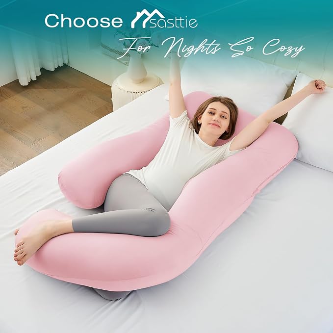Cooling Pregnancy Pillows for Sleeping, 57'' Full Body Pillow, Light Pink | Sasttie Maternity Pillow, OEKO-TEX, Down Alternative, Removable Cover, Pregnant Women Must Haves, Maternity Essential