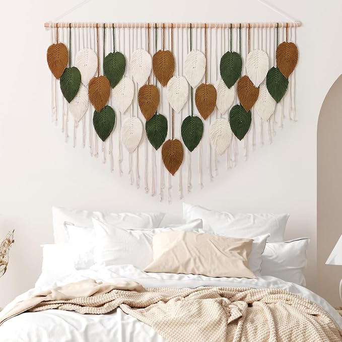 Large Macrame Wall Hanging Boho Woven Tapestry Chic Home Decor Wall Art | KHOYIME Modern Bohemian Handmade Leaf Feather Decorations for Apartment Living Room Bedroom Nursery Backdrop 51.5"W X 33.5"L