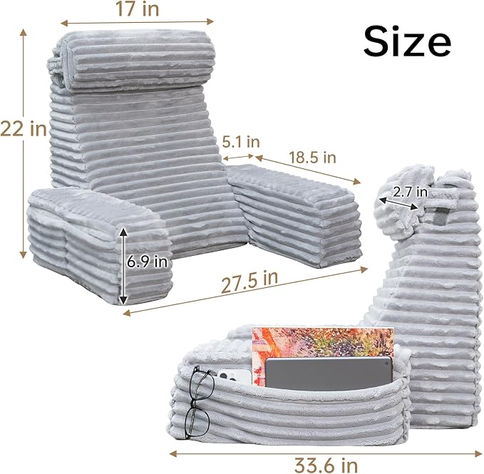 ENITYA 22" XL Back Pillow for Bed Sitting Up with Armrests & Big Pockets | High Density Foam Filling,Washable Cover,Bed Pillow for Sitting Up/Resting/Post Surgery/Watching TV/Gaming,Light Grey