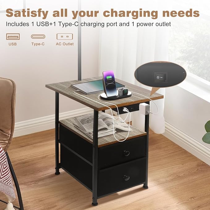 PESRAE Floor Lamp with Table & 2 Drawers, End Table with Lamp, Vintage Grey | Charging Station with USB, Type-C & AC Outlet; 9W LED Bulb with 3 Color Temperatures for Bedroom, Living Room & Home Office